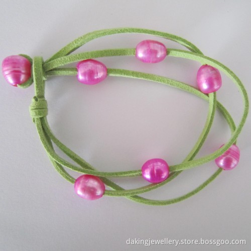 Hot Pink Pearl and Limegreen Leather Bracelet (BR121025)